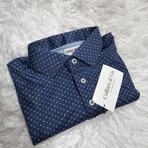 Collars And Co Shirt Men Medium Firm Dress Polo Golf Office Blue Geo AOP New!